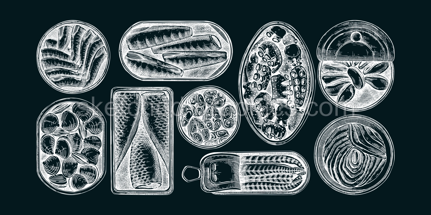 Hand-drawn canned fish and shellfish illustrations collection. Sardines, anchovy, mackerel, tuna, and mussels in tin cans sketches set in engraved style. Healthy food vector drawings on chalkboard Illustration